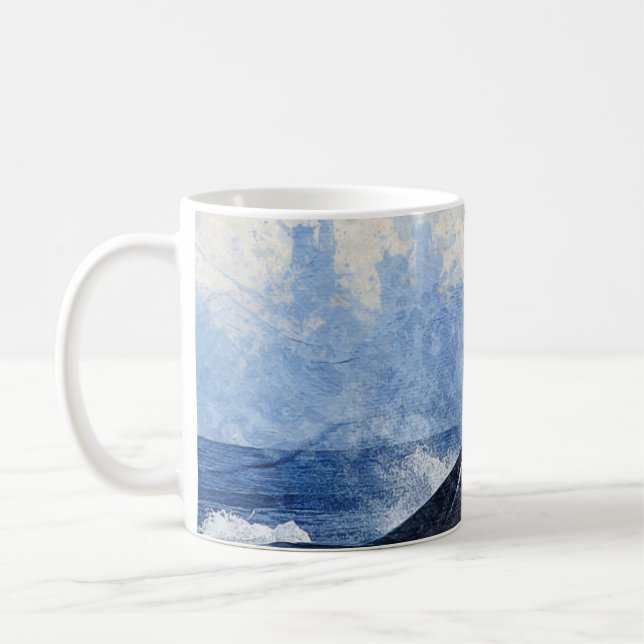 Blåvalens stjärt som stänker i havets konst kaffemugg (Vänster)