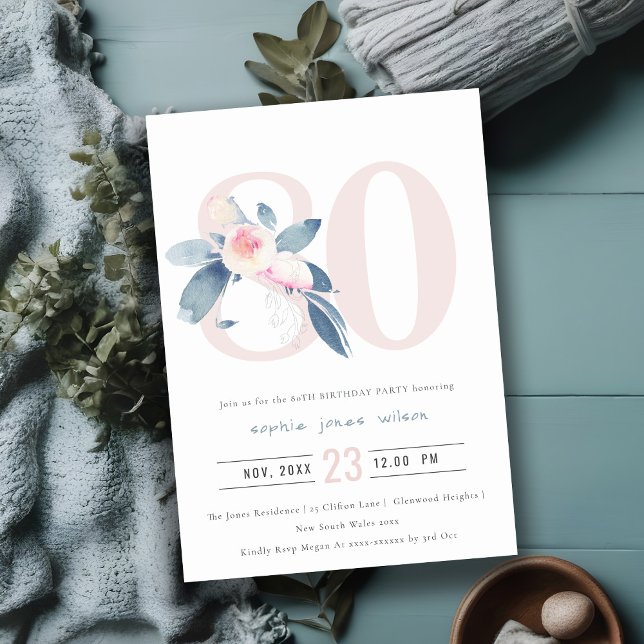  BLÅVATTENBLUE-BLOMMIGT 80 VARJE ÅLDER BIRTHDAY INBJUDNINGAR (Skapare uppladdad)