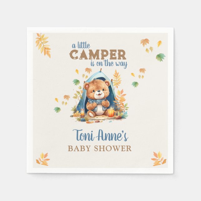 BLÅVATTENFÄRGBABY SHOWER MED LITEN KAMPER PAPPERSSERVETT (Framsidan)