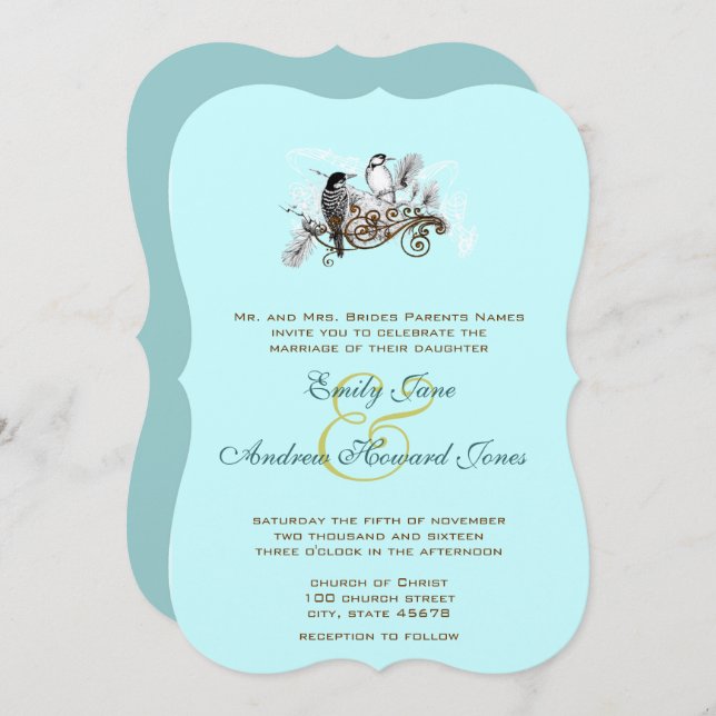 BlåVintage Love birds bröllopsinbjudan Inbjudningar (Fram/baksida)