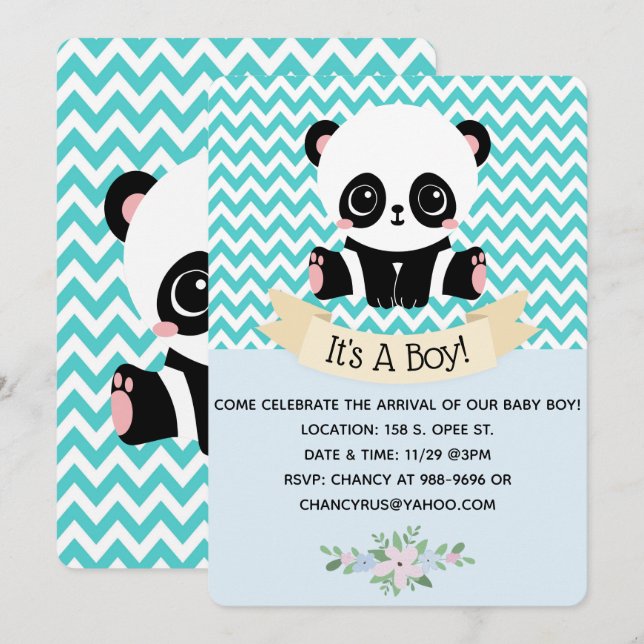 Blåvisa inbjudningar till Baby Panda Blue Baby Sho (Fram/baksida)