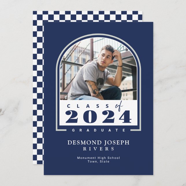 Blåvit 2024 Modern Arch Photo Studenten Meddelande (Fram/baksida)