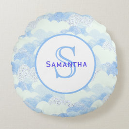 Blåvit Abstrakt Texturerade moln Mongram Rund Kudde