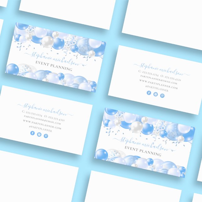 Blåvit ballong för party visitkort (Party Planner Blue White Balloon Business Card)
