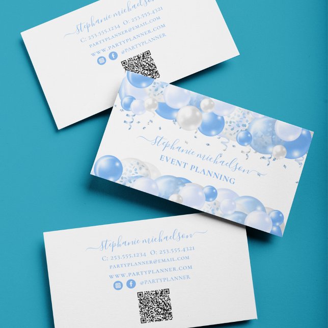 Blåvit ballongkod för party visitkort (Party Planner Blue White Balloon QR Code Business Card)