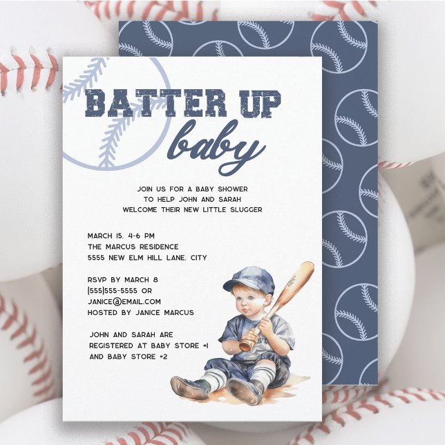 Blåvit baskerska för batteri inbjudningar ("Batter Up Baby" baseball baby shower invitation)