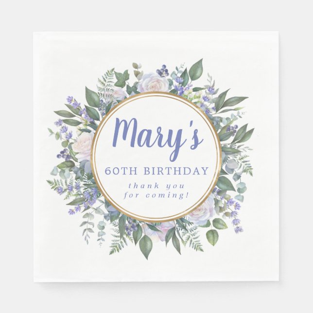 Blåvit Blommigt 60:e födelsedagsdagen Tack Pappersservett (Framsidan)