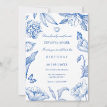 Blåvit blommigt elegant födelsedag