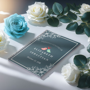 Blåvit Blommigt Love birds Bröllop Guestbook Anteckningsbok Med Spiral