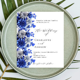 Blåvit blommigt-manusinbjudan till budgetbröllop flygblad