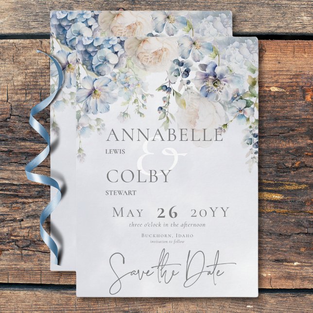 Blåvit Blommigt Modern Bröllop Spara Datumet (Blue & White Floral Modern Wedding Save The Date)