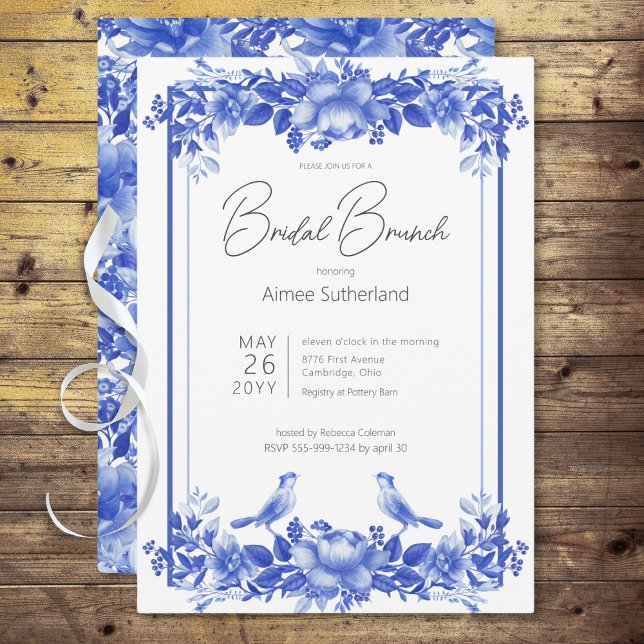Blåvit Blommigt Porcelain Möhippa Brunch Inbjudningar (Blue & White Floral Porcelain Bridal Brunch Invitation)