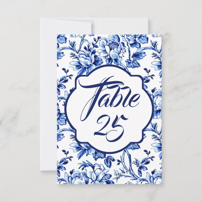 Blåvit Blommigt Toile Bröllop Bordsnummer Card (Framsida)