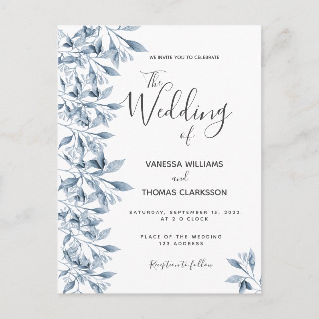 Blåvit botanisk bröllopsinbjudan vykort (Framsida)