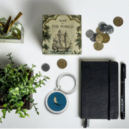 Blåvit botanisk engradig nyckelkedja rund silverfärgad nyckelring