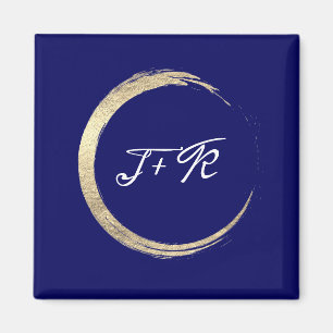 Blåvit Bröllop Monogram Guld Spara datum Magnet