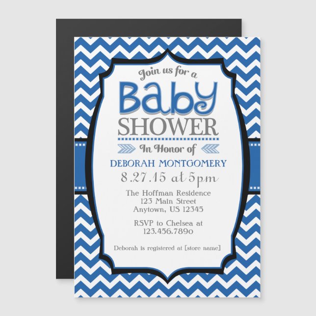 Blåvit Chevron Magnetic Baby Shower Inbjudan Magnetisk Inbjudningskort (Fram/baksida)