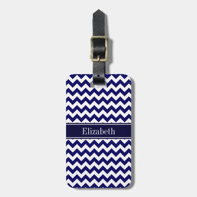 Blåvit Chevron Navy Namn Monogram Bagagebricka (Vertikal Framsida)