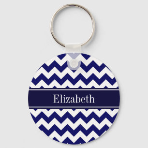 Blåvit Chevron Navy Namn Monogram Nyckelring