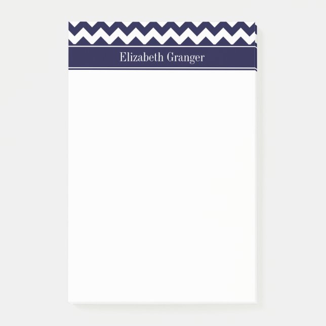Blåvit Chevron Navy Namn Monogram Post-it Block (Framsida)