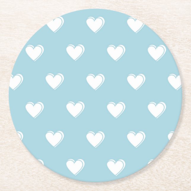 Blåvit Cute Simple Heart Mönster Underlägg Papper Rund (Framsidan)