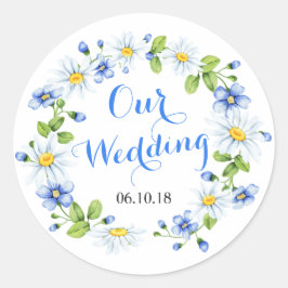 Blåvit Daisy i hörnet Flower Blommigt Bröllop Runt Klistermärke