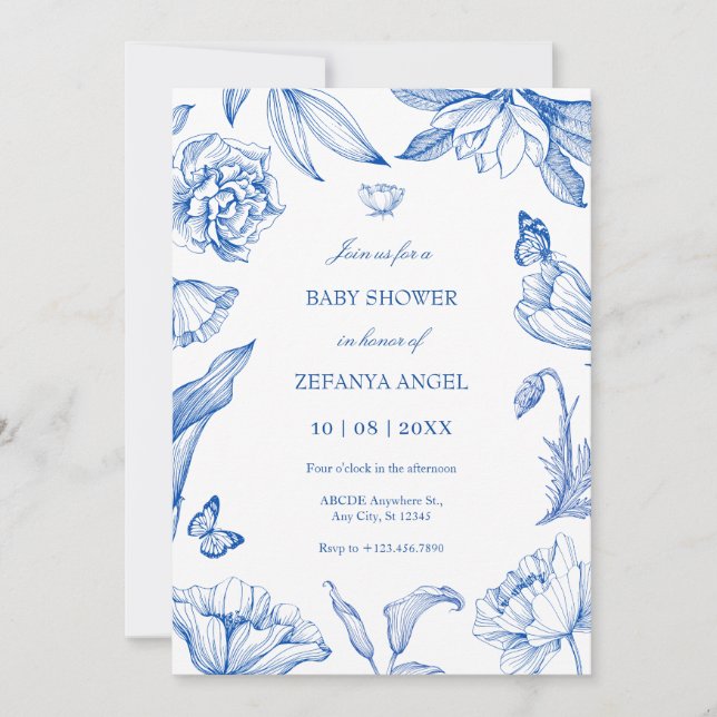 Blåvit elegant, babydusch för blommigt inbjudningar (Framsida)