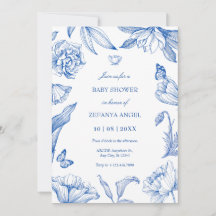 Blåvit elegant, babydusch för blommigt