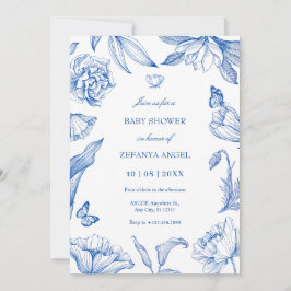 Blåvit elegant, babydusch för blommigt inbjudningar