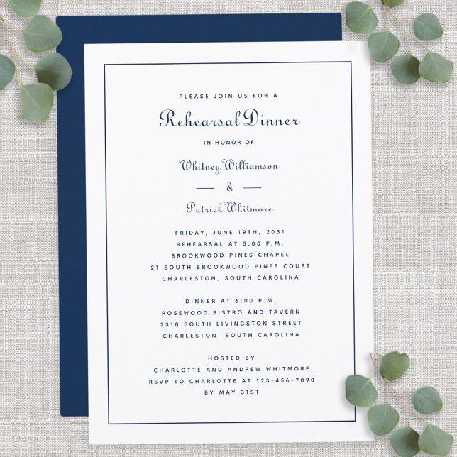 Blåvit Elegant för sommartid i Bröllop Inbjudningar (Rehearsal Dinner Wedding Elegant Script Blue White Invitation)