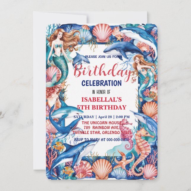 Blåvit fiskhajfödelsedag av vit sjöjungfru spara datumet (Framsida)