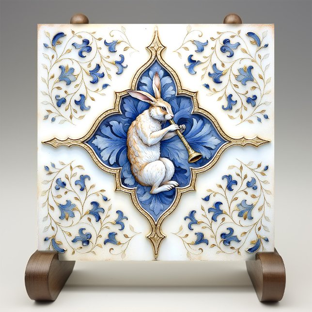 Blåvit Guld Hare medeleval Scrollwork Kakelplatta (Skapare uppladdad)