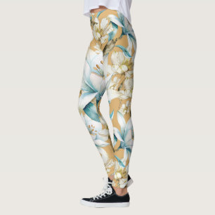 Blåvit guld liljelött blommigt leggings