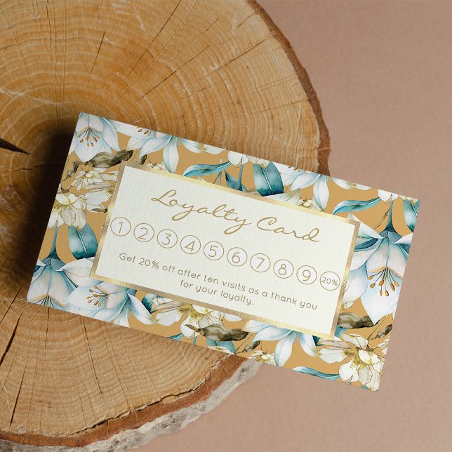 Blåvit guld liljelött blommigt lojalitetskort (Botanical watercolor blue white gold lily floral loyalty card)