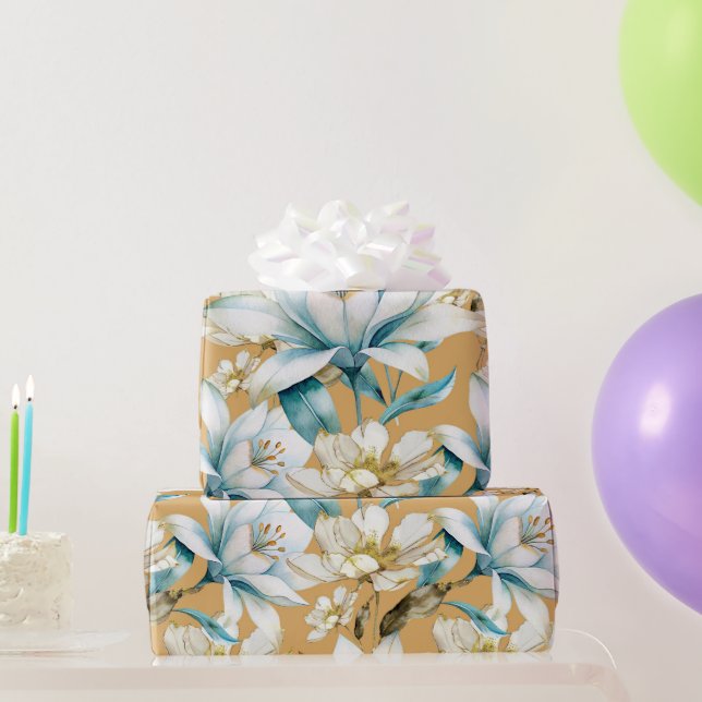 Blåvit guld liljelött blommigt presentpapper (Festgåvor)