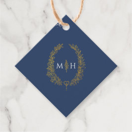Blåvit guld-vit ovala löv-utandningskonst bröllop gåvor etiketter