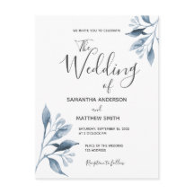Blåvit inbjudan till botaniskt bladbröllop