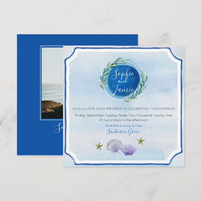 Blåvit inbjudan till WaterColor Beach Wedding (Fram/baksida)