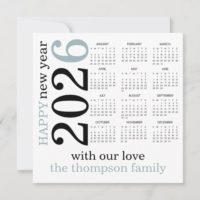 Blåvit kalender i gott nytt år 2026 julkort (Framsida)
