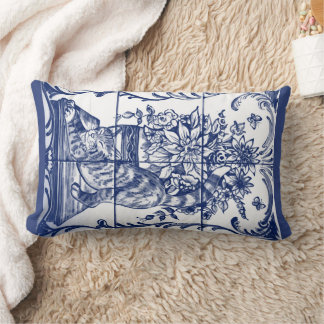 Blåvit katt, Blommigt, Vintage Lumbarkudde