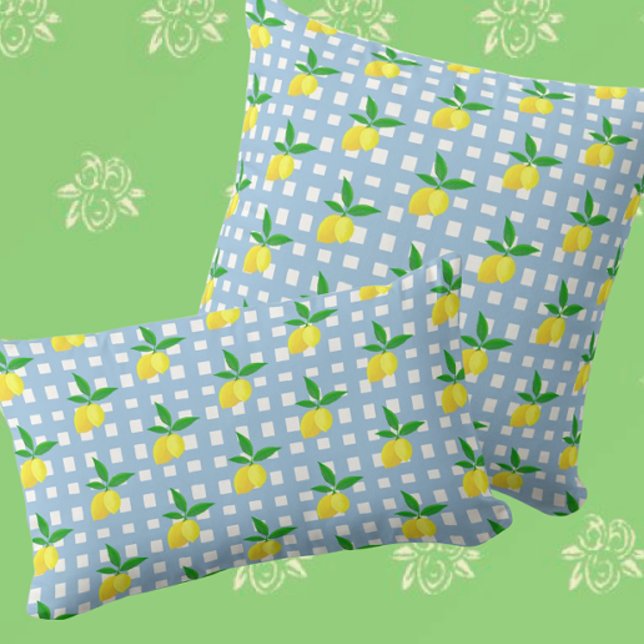 Blåvit kontroll av Retro Preppy Gult Lemons-blått Kudde (Springtime fresh lemons!)