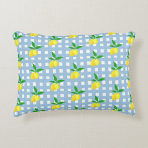 Blåvit kontroll av Retro Preppy Gult Lemons-blått Prydnadskudde