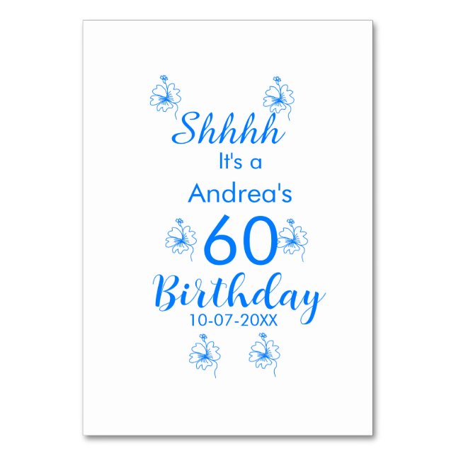 Blåvit mauve shhh 60-årsdagen blommigt namn bordsnummer (Framsidan)