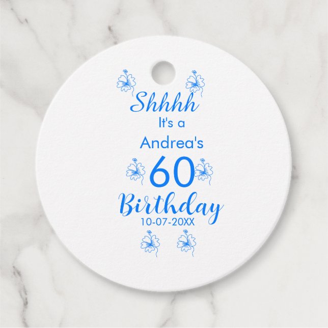 Blåvit mauve shhh 60-årsdagen blommigt namn gåvor etiketter (Framsida)