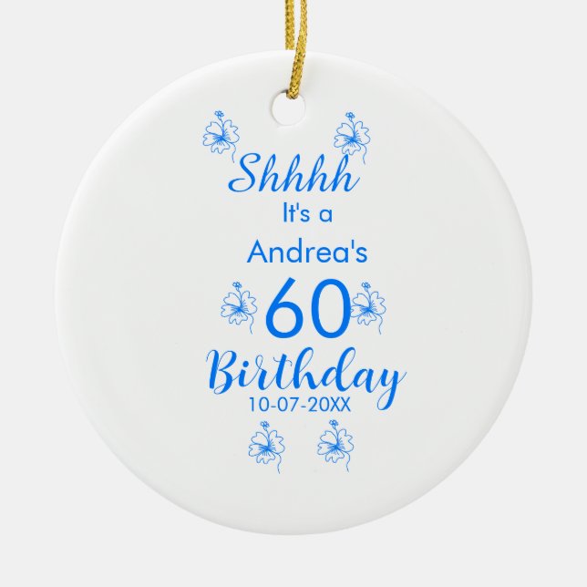 Blåvit mauve shhh 60-årsdagen blommigt namn julgransprydnad keramik (Framsidan)