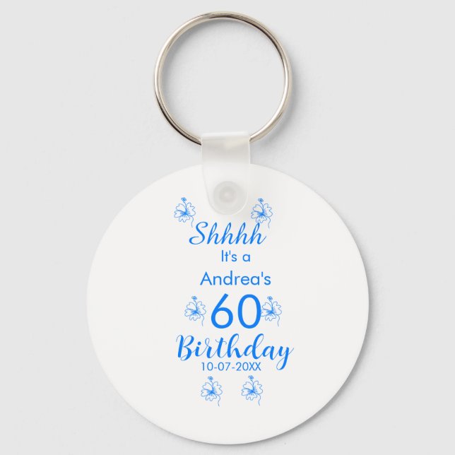 Blåvit mauve shhh 60-årsdagen blommigt namn nyckelring (Framsida)