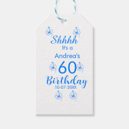 Blåvit mauve shhh 60-årsdagen blommigt namn presentetikett
