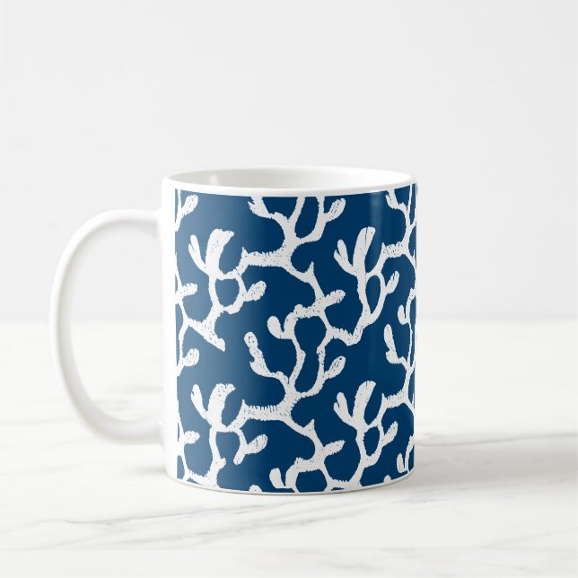 Blåvit och vit Abstrakt koral repeterande Mönster Kaffemugg (Vänster)
