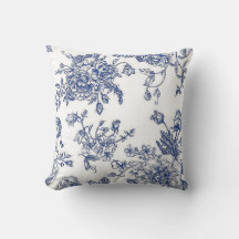 Blåvit och vit blommigt, accentkudde för vintage