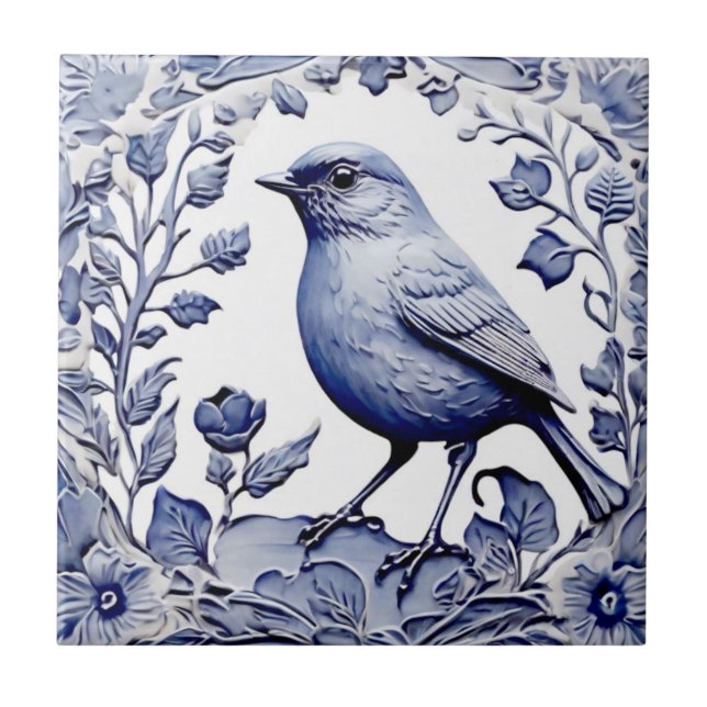 Blåvit och vit Blommigt från Delft Bird Botanical Kakelplatta (Framsidan)